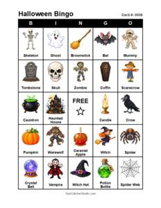 Halloween Bingo Card #0006 Free printable Halloween bingo card for kids with Halloween pictures and words, perfect for classroom games, parties, preschool, and elementary school activities.