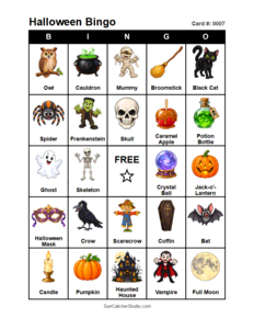 Halloween Bingo Card #0007 Free printable Halloween bingo card for kids with Halloween pictures and words, perfect for classroom games, parties, preschool, and elementary school activities.