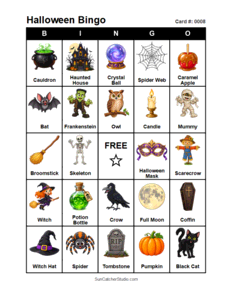Halloween Bingo Card #0008 Free printable Halloween bingo card for kids with Halloween pictures and words, perfect for classroom games, parties, preschool, and elementary school activities.
