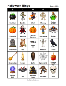 Halloween Bingo Card #0009 Free printable Halloween bingo card for kids with Halloween pictures and words, perfect for classroom games, parties, preschool, and elementary school activities.