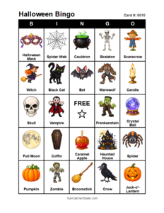 Halloween Bingo Card #0010 Free printable Halloween bingo card for kids with Halloween pictures and words, perfect for classroom games, parties, preschool, and elementary school activities.