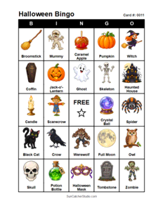 Halloween Bingo Card #0011 Free printable Halloween bingo card for kids with Halloween pictures and words, perfect for classroom games, parties, preschool, and elementary school activities.