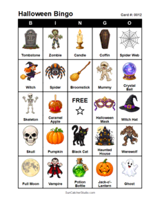 Halloween Bingo Card #0012 Free printable Halloween bingo card for kids with Halloween pictures and words, perfect for classroom games, parties, preschool, and elementary school activities.