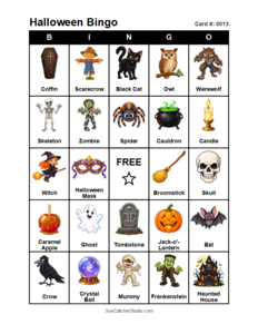 Halloween Bingo Card #0013 Free printable Halloween bingo card for kids with Halloween pictures and words, perfect for classroom games, parties, preschool, and elementary school activities.