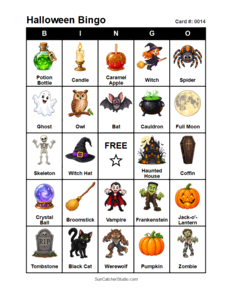 Halloween Bingo Card #0014 Free printable Halloween bingo card for kids with Halloween pictures and words, perfect for classroom games, parties, preschool, and elementary school activities.