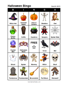 Halloween Bingo Card #0015 Free printable Halloween bingo card for kids with Halloween pictures and words, perfect for classroom games, parties, preschool, and elementary school activities.
