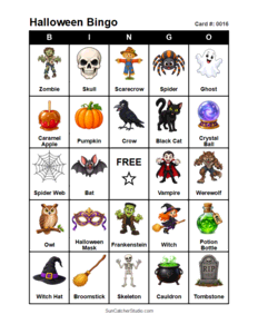 Halloween Bingo Card #0016 Free printable Halloween bingo card for kids with Halloween pictures and words, perfect for classroom games, parties, preschool, and elementary school activities.