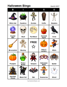 Halloween Bingo Card #0017 Free printable Halloween bingo card for kids with Halloween pictures and words, perfect for classroom games, parties, preschool, and elementary school activities.