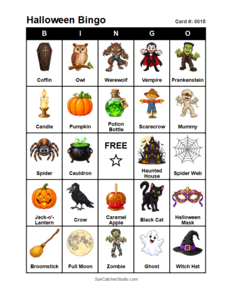 Halloween Bingo Card #0018 Free printable Halloween bingo card for kids with Halloween pictures and words, perfect for classroom games, parties, preschool, and elementary school activities.