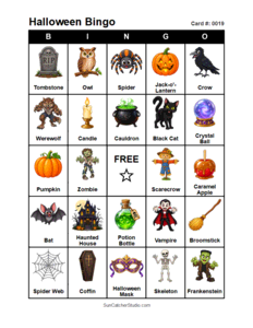 Halloween Bingo Card #0019 Free printable Halloween bingo card for kids with Halloween pictures and words, perfect for classroom games, parties, preschool, and elementary school activities.