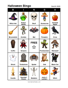 Halloween Bingo Card #0020 Free printable Halloween bingo card for kids with Halloween pictures and words, perfect for classroom games, parties, preschool, and elementary school activities.