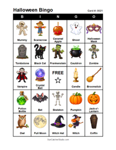 Halloween Bingo Card #0021 Free printable Halloween bingo card for kids with Halloween pictures and words, perfect for classroom games, parties, preschool, and elementary school activities.
