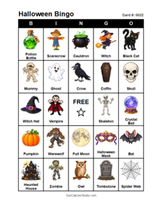 Halloween Bingo Card #0022 Free printable Halloween bingo card for kids with Halloween pictures and words, perfect for classroom games, parties, preschool, and elementary school activities.