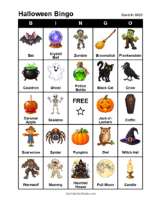 Halloween Bingo Card #0023 Free printable Halloween bingo card for kids with Halloween pictures and words, perfect for classroom games, parties, preschool, and elementary school activities.