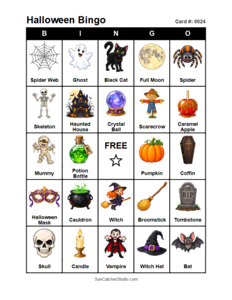 Halloween Bingo Card #0024 Free printable Halloween bingo card for kids with Halloween pictures and words, perfect for classroom games, parties, preschool, and elementary school activities.