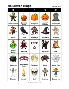 Halloween Bingo Card #0025 Free printable Halloween bingo card for kids with Halloween pictures and words, perfect for classroom games, parties, preschool, and elementary school activities.