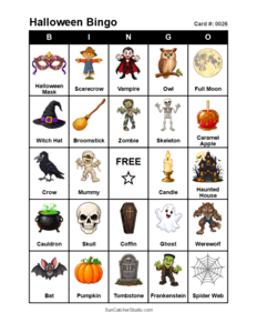 Halloween Bingo Card #0026 Free printable Halloween bingo card for kids with Halloween pictures and words, perfect for classroom games, parties, preschool, and elementary school activities.
