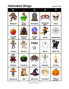 Halloween Bingo Card #0027 Free printable Halloween bingo card for kids with Halloween pictures and words, perfect for classroom games, parties, preschool, and elementary school activities.