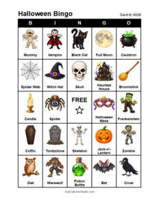 Halloween Bingo Card #0028 Free printable Halloween bingo card for kids with Halloween pictures and words, perfect for classroom games, parties, preschool, and elementary school activities.