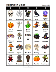 Halloween Bingo Card #0029 Free printable Halloween bingo card for kids with Halloween pictures and words, perfect for classroom games, parties, preschool, and elementary school activities.