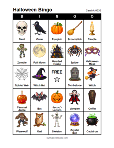 Halloween Bingo Card #0030 Free printable Halloween bingo card for kids with Halloween pictures and words, perfect for classroom games, parties, preschool, and elementary school activities.