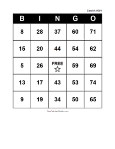 Number Bingo Card #0001. Free printable number bingo card with numbers 1–75, BINGO columns, and a FREE center space for classroom, party, and family games.
