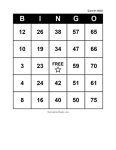 Number Bingo Card #0002. Free printable number bingo card with numbers 1–75, BINGO columns, and a FREE center space for classroom, party, and family games.