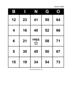 Number Bingo Card #0003. Free printable number bingo card with numbers 1–75, BINGO columns, and a FREE center space for classroom, party, and family games.
