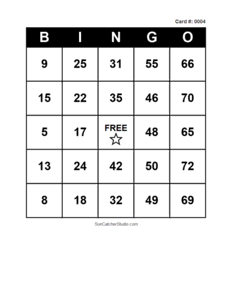 Number Bingo Card #0004. Free printable number bingo card with numbers 1–75, BINGO columns, and a FREE center space for classroom, party, and family games.