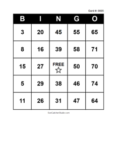 Number Bingo Card #0005. Free printable number bingo card with numbers 1–75, BINGO columns, and a FREE center space for classroom, party, and family games.