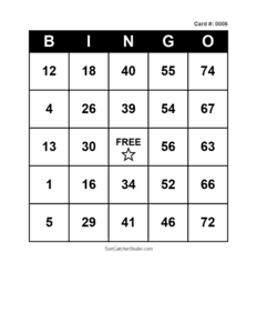 Number Bingo Card #0006. Free printable number bingo card with numbers 1–75, BINGO columns, and a FREE center space for classroom, party, and family games.