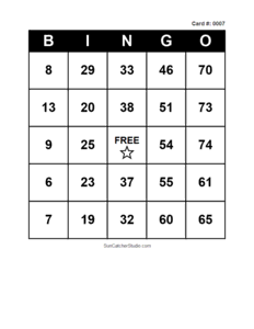 Number Bingo Card #0007. Free printable number bingo card with numbers 1–75, BINGO columns, and a FREE center space for classroom, party, and family games.