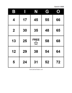 Number Bingo Card #0008. Free printable number bingo card with numbers 1–75, BINGO columns, and a FREE center space for classroom, party, and family games.