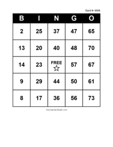 Number Bingo Card #0009. Free printable number bingo card with numbers 1–75, BINGO columns, and a FREE center space for classroom, party, and family games.