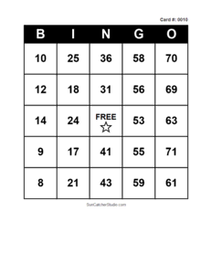 Number Bingo Card #0010. Free printable number bingo card with numbers 1–75, BINGO columns, and a FREE center space for classroom, party, and family games.