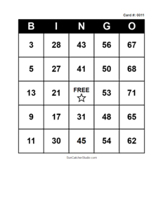 Number Bingo Card #0011. Free printable number bingo card with numbers 1–75, BINGO columns, and a FREE center space for classroom, party, and family games.