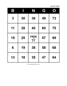 Number Bingo Card #0012. Free printable number bingo card with numbers 1–75, BINGO columns, and a FREE center space for classroom, party, and family games.