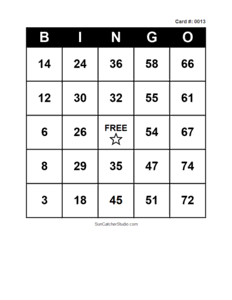Number Bingo Card #0013. Free printable number bingo card with numbers 1–75, BINGO columns, and a FREE center space for classroom, party, and family games.