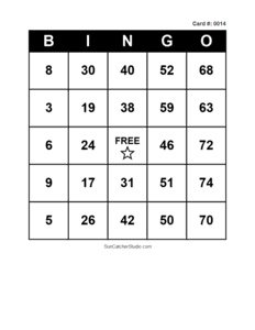 Number Bingo Card #0014. Free printable number bingo card with numbers 1–75, BINGO columns, and a FREE center space for classroom, party, and family games.