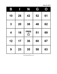 Number Bingo Card #0015. Free printable number bingo card with numbers 1–75, BINGO columns, and a FREE center space for classroom, party, and family games.