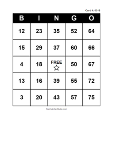 Number Bingo Card #0016. Free printable number bingo card with numbers 1–75, BINGO columns, and a FREE center space for classroom, party, and family games.