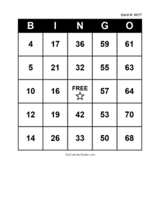 Number Bingo Card #0017. Free printable number bingo card with numbers 1–75, BINGO columns, and a FREE center space for classroom, party, and family games.