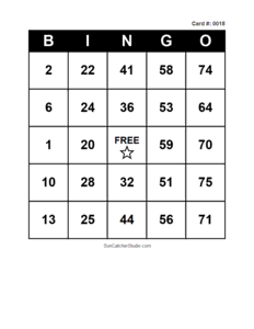 Number Bingo Card #0018. Free printable number bingo card with numbers 1–75, BINGO columns, and a FREE center space for classroom, party, and family games.