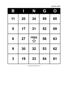 Number Bingo Card #0019. Free printable number bingo card with numbers 1–75, BINGO columns, and a FREE center space for classroom, party, and family games.