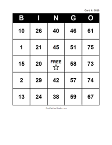 Number Bingo Card #0020. Free printable number bingo card with numbers 1–75, BINGO columns, and a FREE center space for classroom, party, and family games.