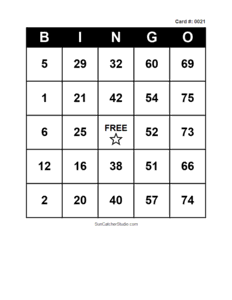 Number Bingo Card #0021. Free printable number bingo card with numbers 1–75, BINGO columns, and a FREE center space for classroom, party, and family games.