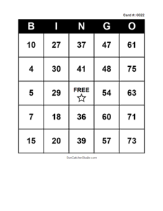 Number Bingo Card #0022. Free printable number bingo card with numbers 1–75, BINGO columns, and a FREE center space for classroom, party, and family games.