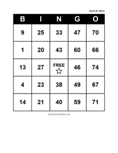 Number Bingo Card #0023. Free printable number bingo card with numbers 1–75, BINGO columns, and a FREE center space for classroom, party, and family games.