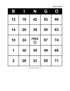 Number Bingo Card #0024. Free printable number bingo card with numbers 1–75, BINGO columns, and a FREE center space for classroom, party, and family games.