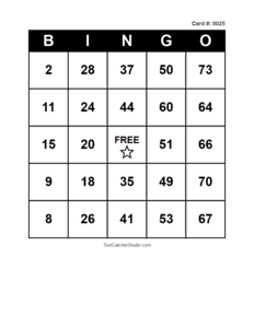 Number Bingo Card #0025. Free printable number bingo card with numbers 1–75, BINGO columns, and a FREE center space for classroom, party, and family games.
